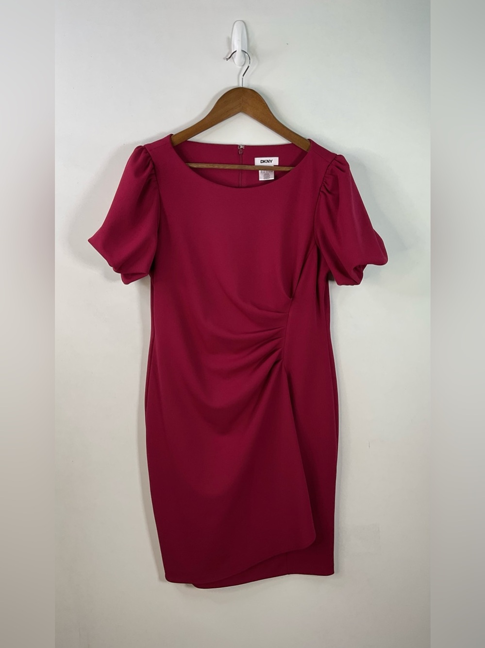 DKNY Burgundy Ruched Short Sleeve Sheath Dress Size 12